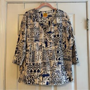 Ruby Road Top 1X White Black Blue Hint of Pink with Detail Studs 3/4 Sleeve